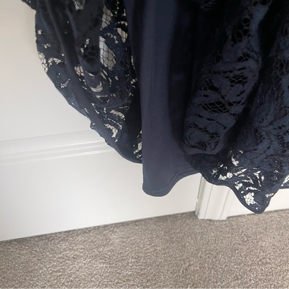 Tadashi Snoji  Lace V-Neck Gown With Pintuck Jersey Piping Navy - Picture 10 of 10